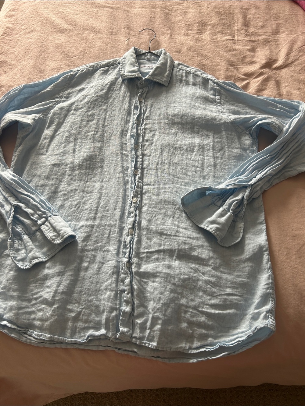 Men's Casual Light Blue Linen-Blend Button-Down Shirt